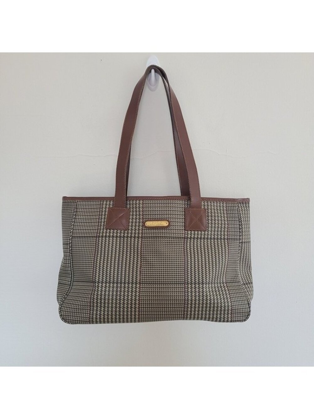 Vintage Polo Ralph Lauren Plaid Shoulder Tote Handbag Brown Tan